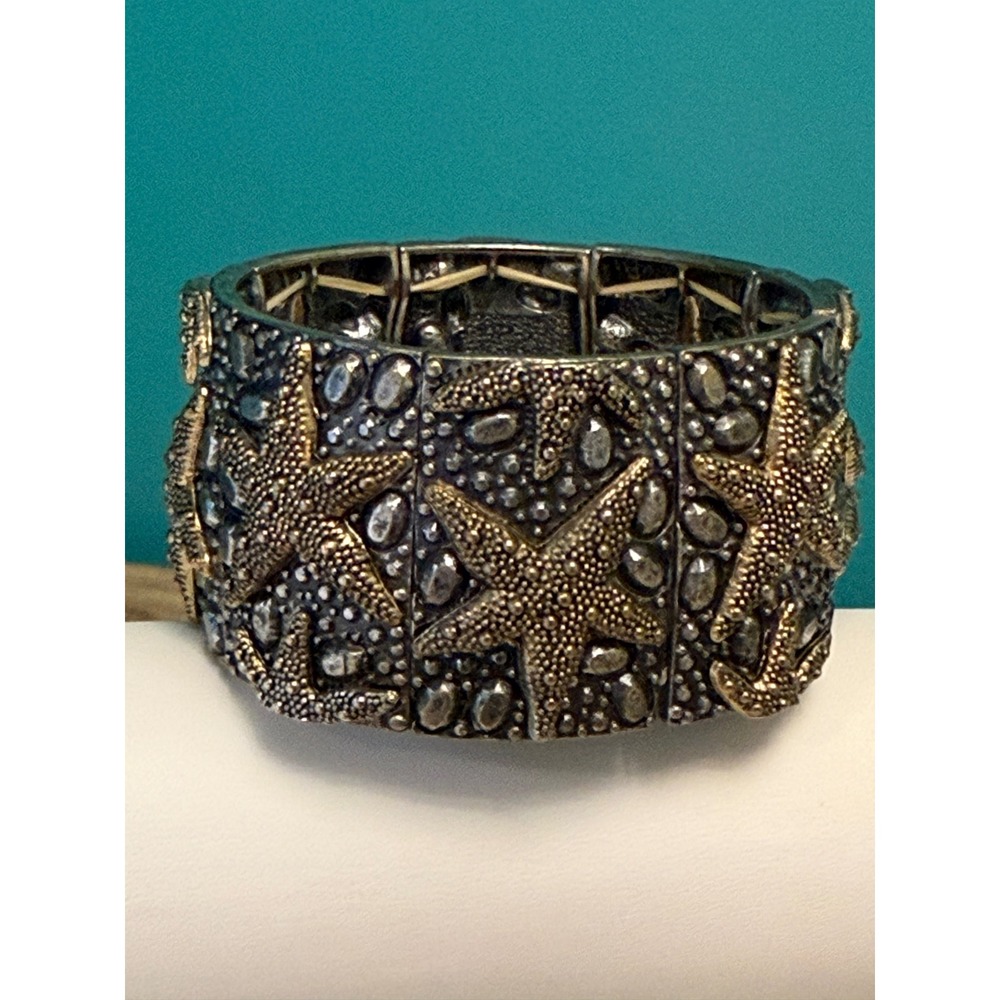 Wide Starfish Stretch Bracelet Coastal Beach Pewter Brass Statement Mermaidcore - Picture 5 of 10